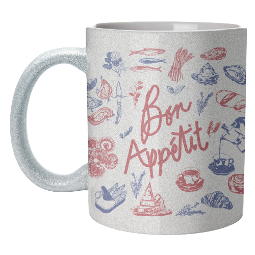 Bon Appetit Seafood and French Bread Handdrawn Gourmet Food Illustration - unique mug by EZbie