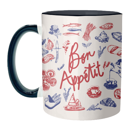 Bon Appetit Seafood and French Bread Handdrawn Gourmet Food Illustration - unique mug by EZbie