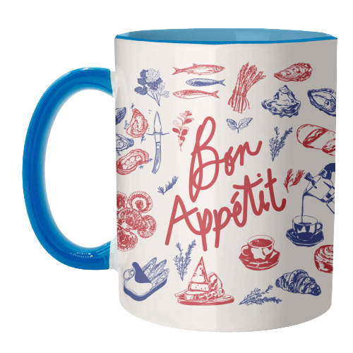 Bon Appetit Seafood and French Bread Handdrawn Gourmet Food Illustration - unique mug by EZbie