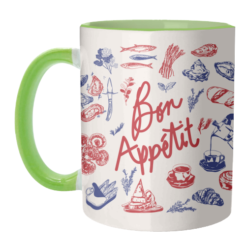 Bon Appetit Seafood and French Bread Handdrawn Gourmet Food Illustration - unique mug by EZbie