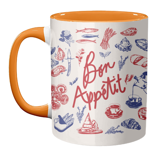 Bon Appetit Seafood and French Bread Handdrawn Gourmet Food Illustration - unique mug by EZbie