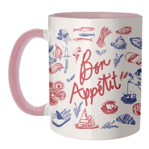 Bon Appetit Seafood and French Bread Handdrawn Gourmet Food Illustration - unique mug by EZbie