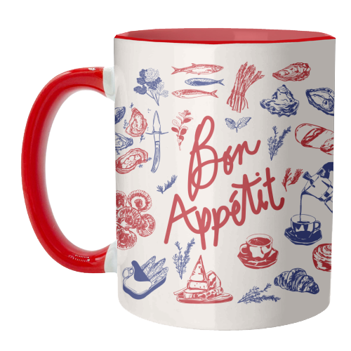 Bon Appetit Seafood and French Bread Handdrawn Gourmet Food Illustration - unique mug by EZbie
