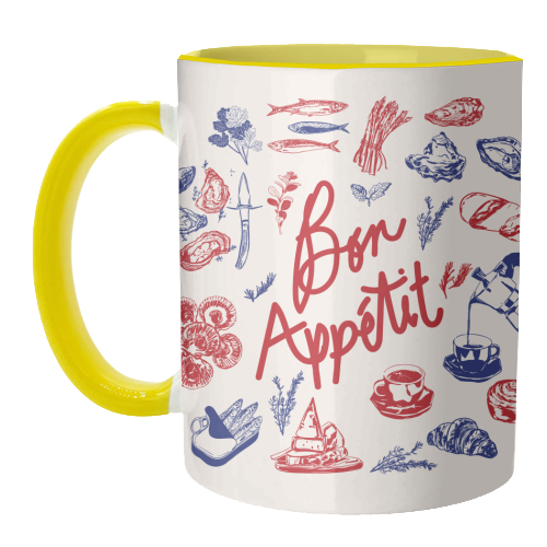 Bon Appetit Seafood and French Bread Handdrawn Gourmet Food Illustration - unique mug by EZbie