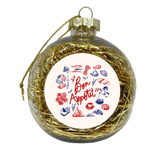 Bon Appetit Seafood and French Bread Handdrawn Gourmet Food Illustration - xmas bauble by EZbie