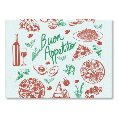Buon Appetito Italian Food Doodles Illustration - glass chopping board by EZbie
