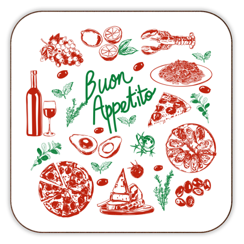 Buon Appetito Italian Food Doodles Illustration - personalised beer coaster by EZbie