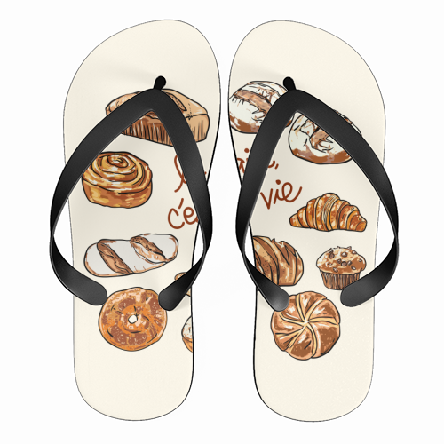 Le Pain C'est La Vie – Bread is Life French Bakery Illustration - funny flip flops by EZbie
