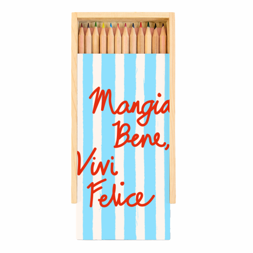 Mangia Bene Vivi Felice - Eat Well Live Happy Italian Quote Blue Stripes - Coloured Pencils with Box by EZbie