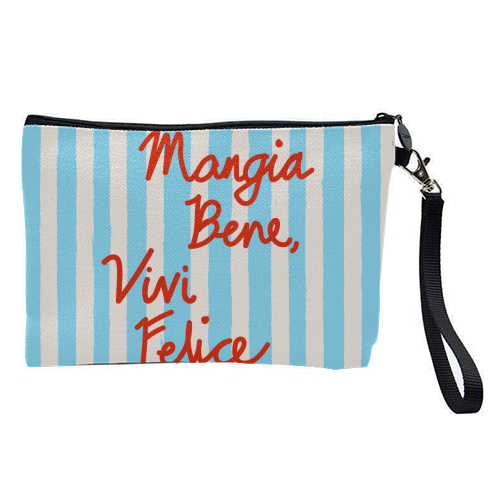 Mangia Bene Vivi Felice - Eat Well Live Happy Italian Quote Blue Stripes - pretty makeup bag by EZbie