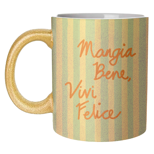 Mangia Bene Vivi Felice - Eat Well Live Happy Italian Quote Blue Stripes - unique mug by EZbie