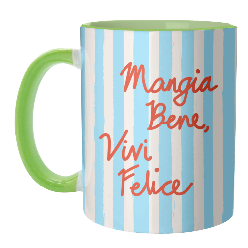 Mangia Bene Vivi Felice - Eat Well Live Happy Italian Quote Blue Stripes - unique mug by EZbie