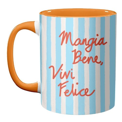 Mangia Bene Vivi Felice - Eat Well Live Happy Italian Quote Blue Stripes - unique mug by EZbie