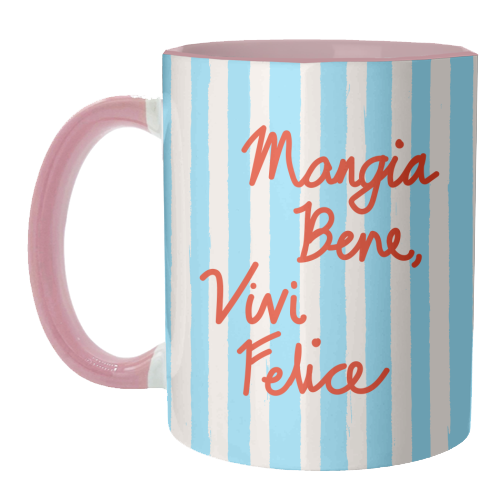 Mangia Bene Vivi Felice - Eat Well Live Happy Italian Quote Blue Stripes - unique mug by EZbie