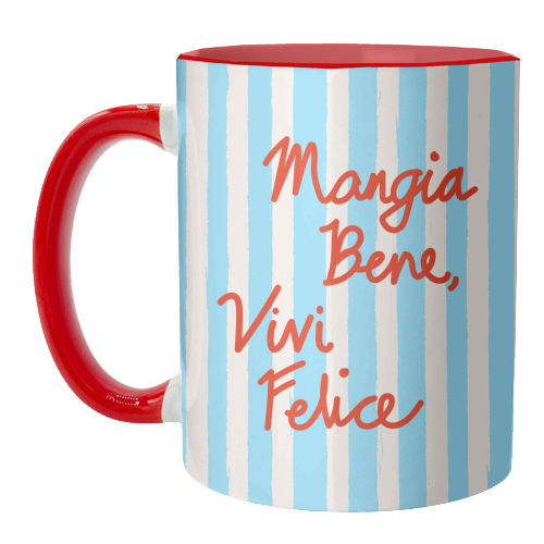 Mangia Bene Vivi Felice - Eat Well Live Happy Italian Quote Blue Stripes - unique mug by EZbie