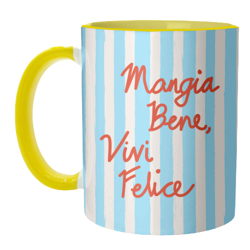 Mangia Bene Vivi Felice - Eat Well Live Happy Italian Quote Blue Stripes - unique mug by EZbie
