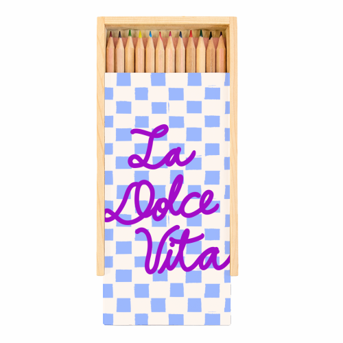 La Dolce Vita Sweet Life Italian Quote Blue Checkered Minimalist - Coloured Pencils with Box by EZbie