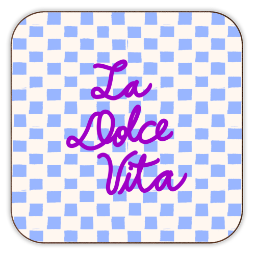 La Dolce Vita Sweet Life Italian Quote Blue Checkered Minimalist - personalised beer coaster by EZbie
