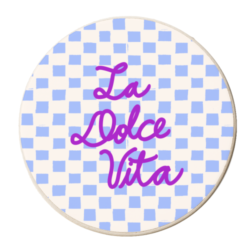 La Dolce Vita Sweet Life Italian Quote Blue Checkered Minimalist - personalised beer coaster by EZbie
