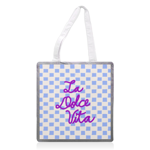 La Dolce Vita Sweet Life Italian Quote Blue Checkered Minimalist - printed canvas tote bag by EZbie
