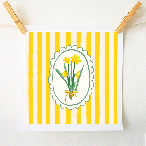 Retro Daffodils Bouquet Yellow Stripes Whimsical Border - A1 - A4 art print by AbstraBotanica by Ezbie