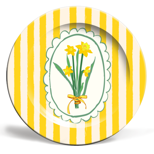 Retro Daffodils Bouquet Yellow Stripes Whimsical Border - ceramic dinner plate by AbstraBotanica by Ezbie