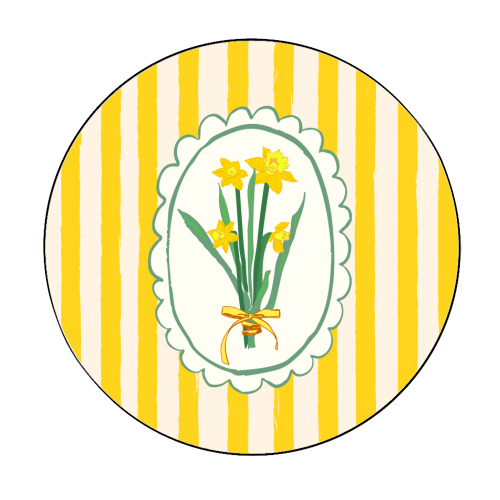 Retro Daffodils Bouquet Yellow Stripes Whimsical Border - Circle Sticker by AbstraBotanica by Ezbie