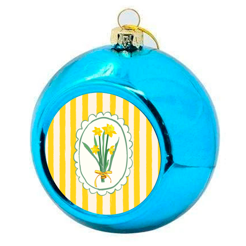 Retro Daffodils Bouquet Yellow Stripes Whimsical Border - colourful christmas bauble by AbstraBotanica by Ezbie