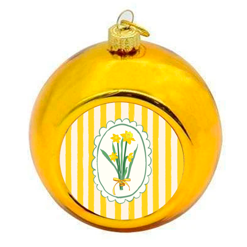 Retro Daffodils Bouquet Yellow Stripes Whimsical Border - colourful christmas bauble by AbstraBotanica by Ezbie