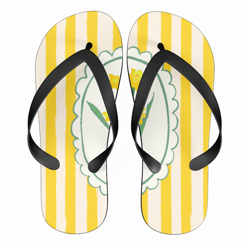 Retro Daffodils Bouquet Yellow Stripes Whimsical Border - funny flip flops by AbstraBotanica by Ezbie