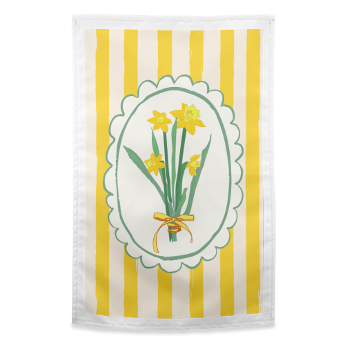 Retro Daffodils Bouquet Yellow Stripes Whimsical Border - funny tea towel by AbstraBotanica by Ezbie