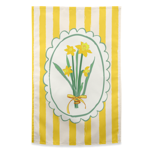 Retro Daffodils Bouquet Yellow Stripes Whimsical Border - funny tea towel by AbstraBotanica by Ezbie