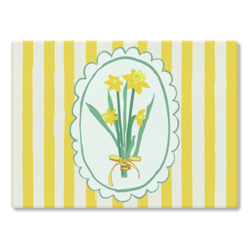 Retro Daffodils Bouquet Yellow Stripes Whimsical Border - glass chopping board by AbstraBotanica by Ezbie