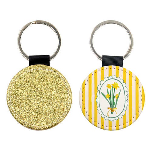 Retro Daffodils Bouquet Yellow Stripes Whimsical Border - keyring by AbstraBotanica by Ezbie