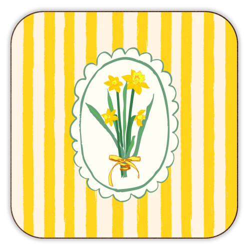 Retro Daffodils Bouquet Yellow Stripes Whimsical Border - personalised beer coaster by AbstraBotanica by Ezbie