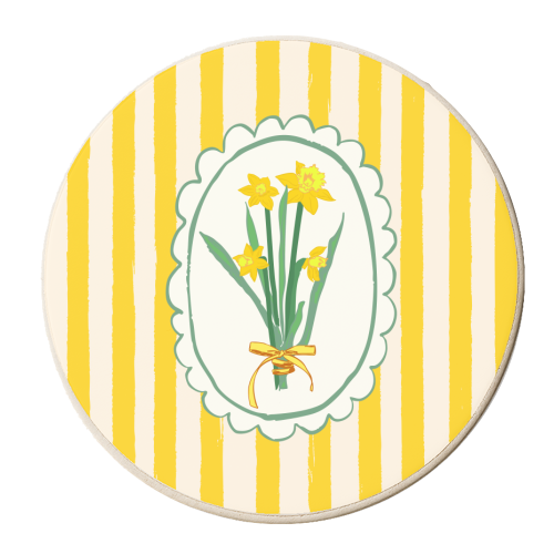 Retro Daffodils Bouquet Yellow Stripes Whimsical Border - personalised beer coaster by AbstraBotanica by Ezbie