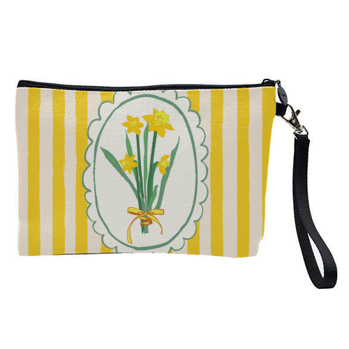 Retro Daffodils Bouquet Yellow Stripes Whimsical Border - pretty makeup bag by AbstraBotanica by Ezbie