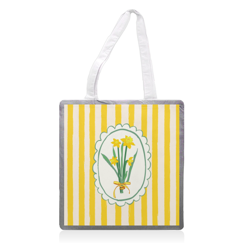 Retro Daffodils Bouquet Yellow Stripes Whimsical Border - printed canvas tote bag by AbstraBotanica by Ezbie