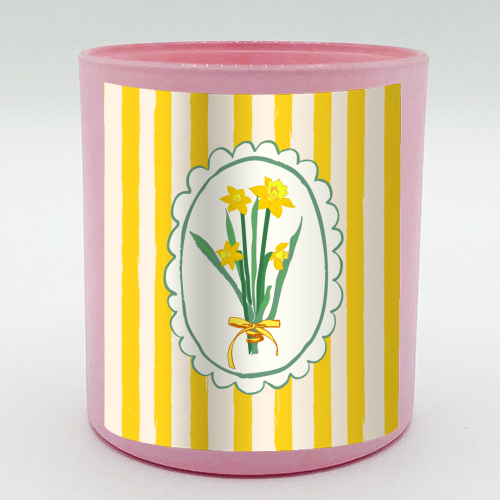 Retro Daffodils Bouquet Yellow Stripes Whimsical Border - scented candle by AbstraBotanica by Ezbie