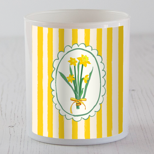 Retro Daffodils Bouquet Yellow Stripes Whimsical Border - scented candle by AbstraBotanica by Ezbie