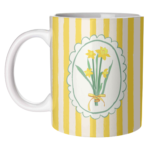 Retro Daffodils Bouquet Yellow Stripes Whimsical Border - unique mug by AbstraBotanica by Ezbie