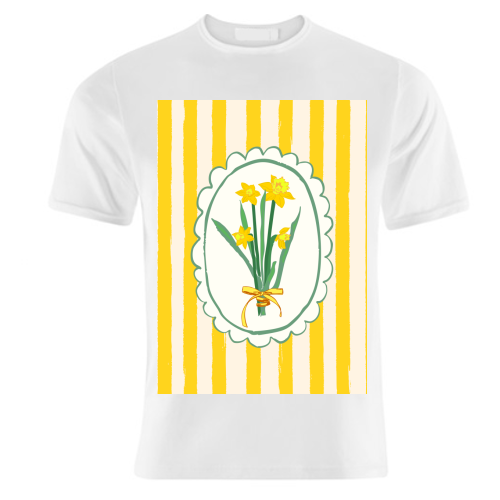 Retro Daffodils Bouquet Yellow Stripes Whimsical Border - unique t shirt by AbstraBotanica by Ezbie