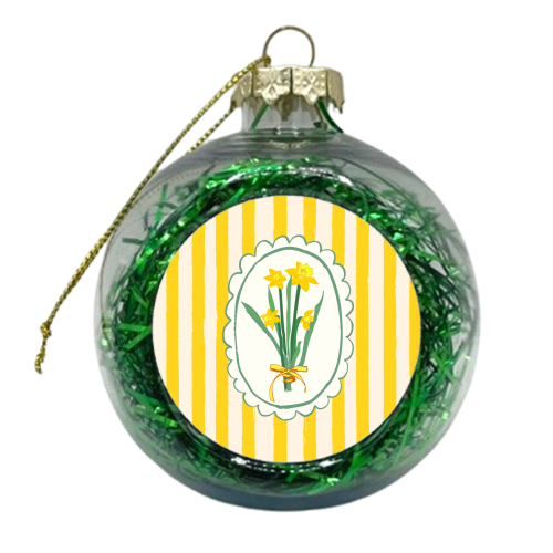 Retro Daffodils Bouquet Yellow Stripes Whimsical Border - xmas bauble by AbstraBotanica by Ezbie