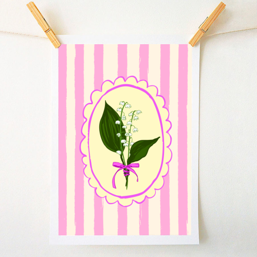 Vintage Lily of the Valley Coquette Pink Striped Floral - A1 - A4 art print by AbstraBotanica by Ezbie