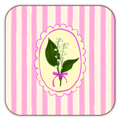 Vintage Lily of the Valley Coquette Pink Striped Floral - personalised beer coaster by AbstraBotanica by Ezbie