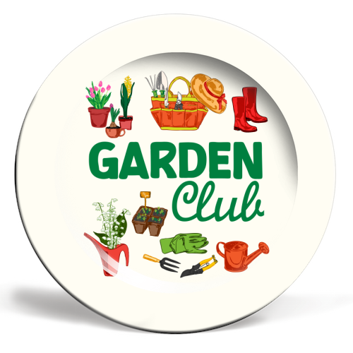 Garden Club – Vintage Gardening Tools with Florals - ceramic dinner plate by AbstraBotanica by Ezbie