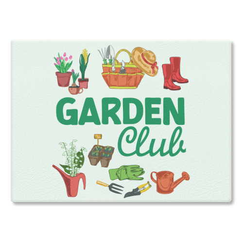 Garden Club – Vintage Gardening Tools with Florals - glass chopping board by AbstraBotanica by Ezbie