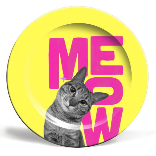 Meow Retro Cat Collage | Neon Pink & Red Pop Art Statement - ceramic dinner plate by Ania Wieclaw