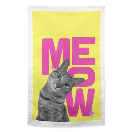 Meow Retro Cat Collage | Neon Pink & Red Pop Art Statement - funny tea towel by Ania Wieclaw