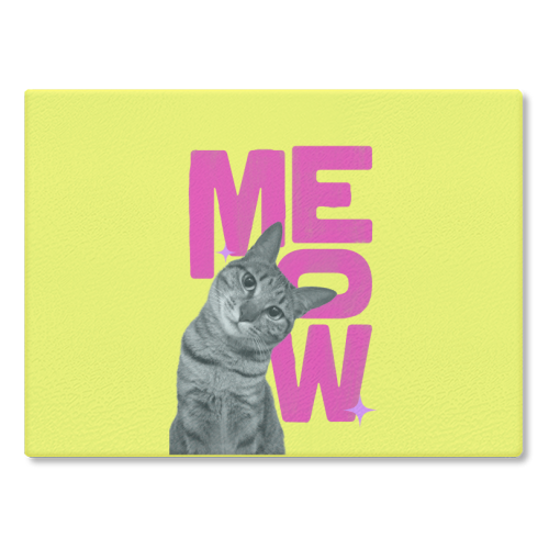 Meow Retro Cat Collage | Neon Pink & Red Pop Art Statement - glass chopping board by Ania Wieclaw